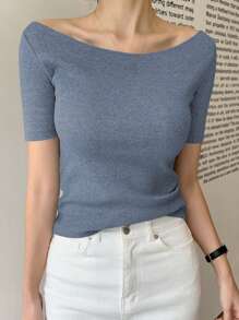 DAZY Women's Round Neck Fitted Short Sleeve Elegant T-Shirt, Gray, Spring/Summer,Business Casual Women - Dusty Blue - View 3