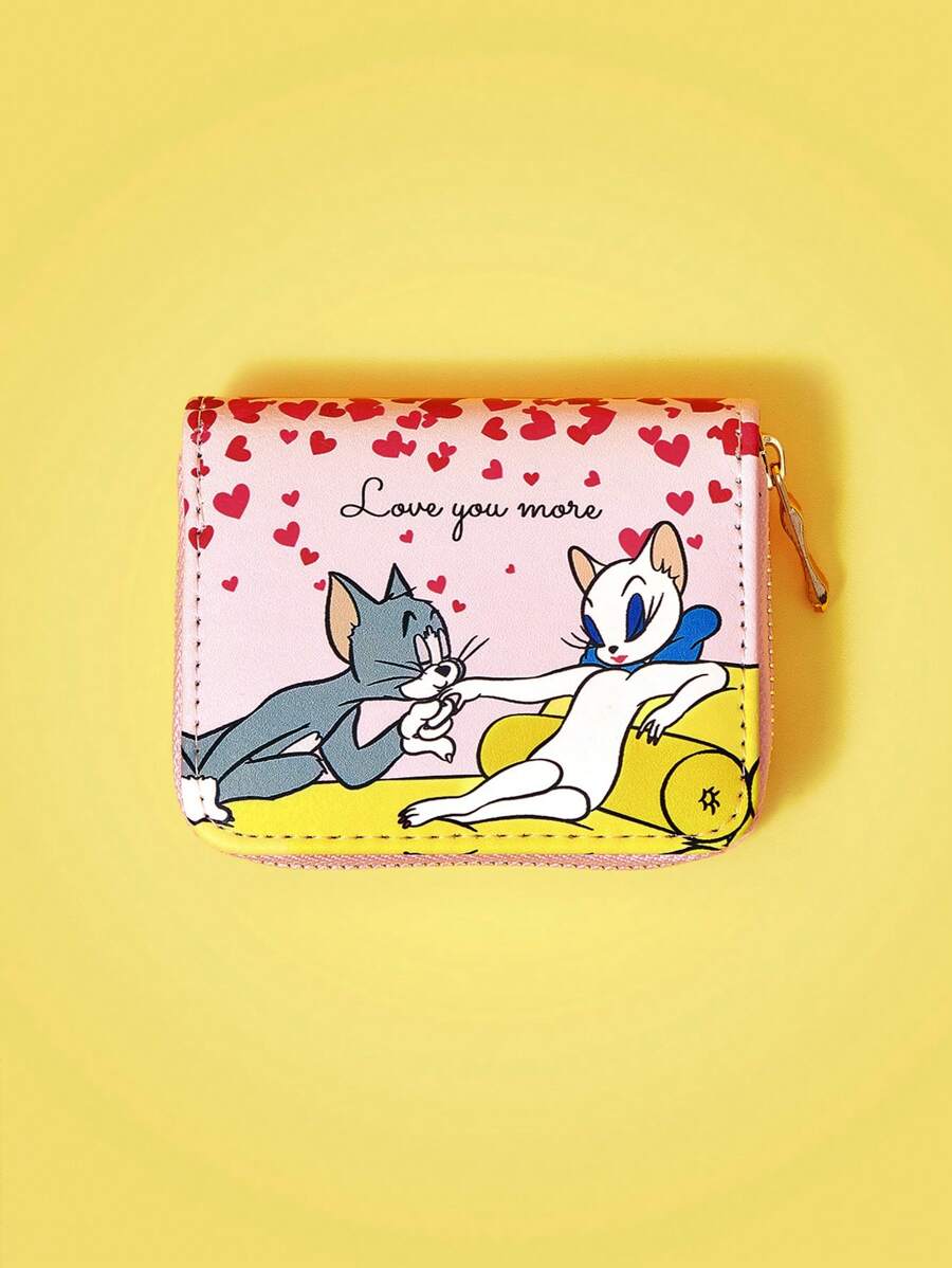 TOM & JERRY X SHEIN 1pc Pink Wallet With Kiss & Heart Pattern - Multicolor - View 1