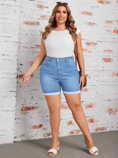 EMERY ROSE Plus Size Women's Fashion Pockets Cuffed Casual Denim Shorts