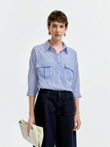 SHEIN Clasi Women's French Elegant Casual Office Vacation Blouse With Collar, Pockets, Loose Fit, 3/4 Sleeve, Side Slit, Striped, Spring/Summer - Blue and White - View 5