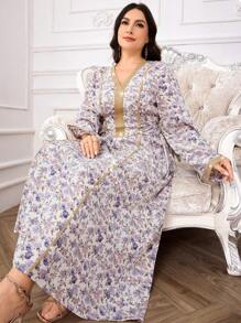 Al Najma فستان عربي طويل الأكمام للنساء ذوات الحجم الكبير، مزين بطبعات نباتية مع شرائط، محتشم - متعدد الألوان - مشاهدة 2