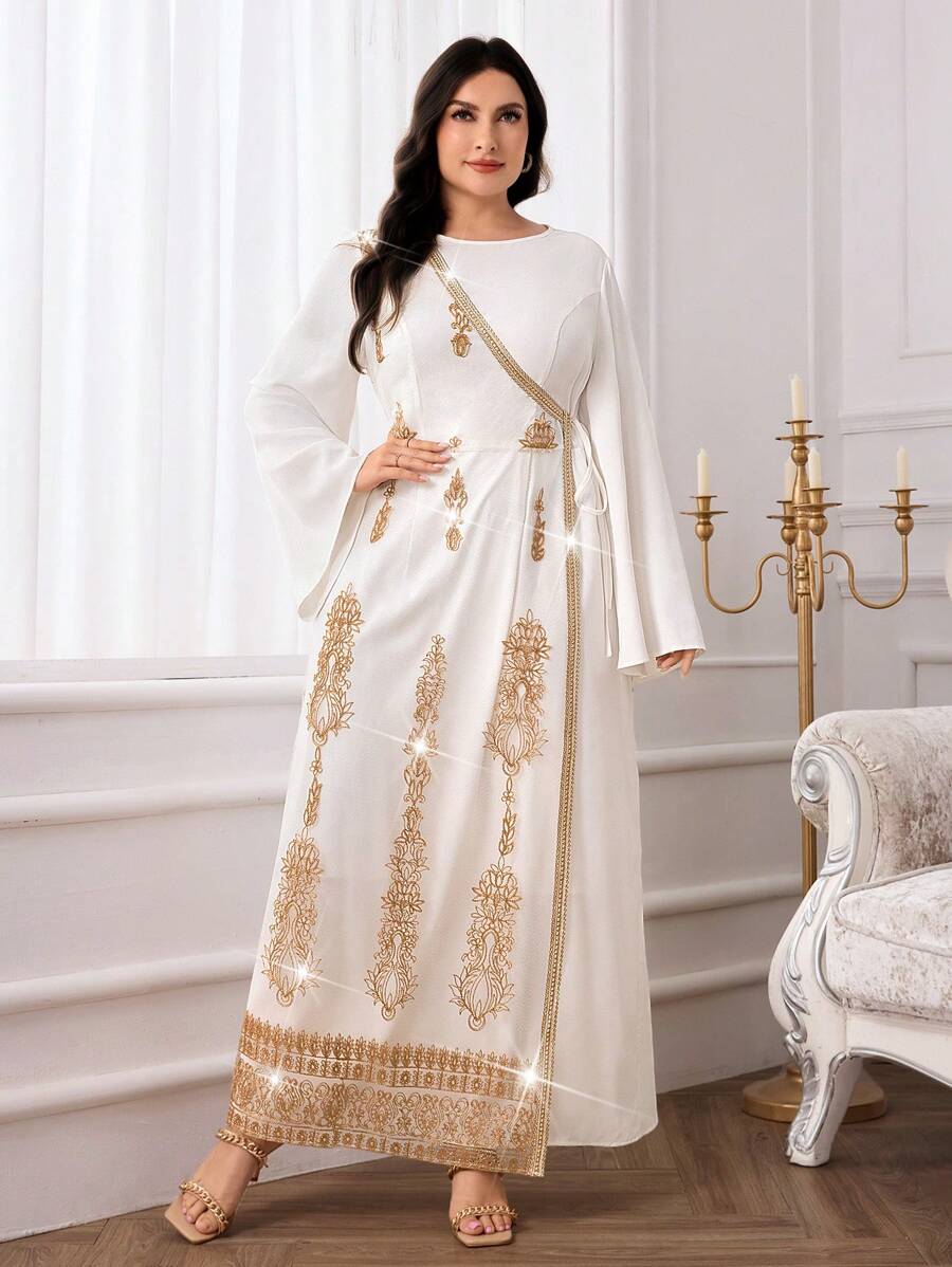 Al Najma Plus Size Women Elegant Embroidered Tie-Up Maxi Arabic Abaya Dress, Modest - White - View 1
