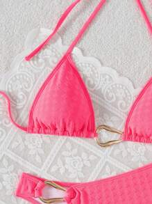 Swim SXY مجموعتان من ملابس السباحة المكونة من بكيني مثلثي بتصميم هالتر، بلون أحادي ملمس، مزين بعنصر معدني، ملابس سباحة أنيقة وجذابة للنساء للاستخدام في العطلات والأحتفالات على الشاطئ وحفلات المسبح