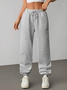 SHEIN PETITE Women's Casual Solid Color Pants, Simple Stylish Design Suitable For Summer - Grey - View 4