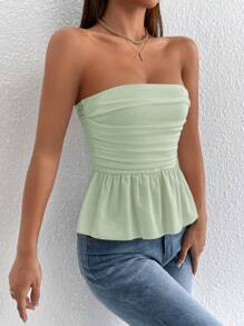SHEIN PETITE Ruched Backless Peplum Tube Women Crop Top,Tube Top - Mint Green - View 5