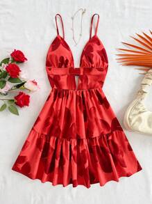 Soleia Vacation Floral Print Sleeveless V-Neck Hollow A-Line Backless Dress - Orange - View 6