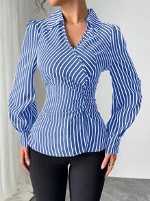 Chiquease Áo cánh thanh lịch cổ chữ V xếp ly eo gợi cảm mới 2024 dành cho nữ - Màu xanh lam - Xem 4