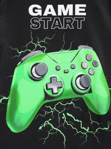 Tween Boy 2pcs Snug-Fit Pajama Set - Neon Game Controller Print Round Neck Short Sleeve Top & Shorts, Soft & Skin-Friendly