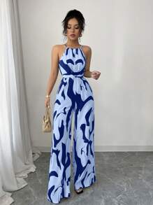 Elenzga Mono estampado con cintura para mujer, elegante para vacaciones y uso diario con cuello halter - Azul - Ver 3