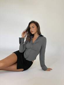 Aloruh Women's Autumn/Winter New Office Commuter Daily Wear V-Neck Ruched Chest Collared Single-Breasted Slim Fit Long Sleeve White Blouse - Grey - View 6