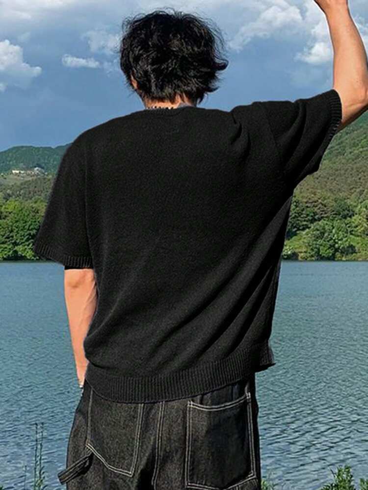 Men's Summer Slogan Printed Black Knitted Sweater