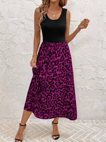 SHEIN Clasi Vestido Casual Longo Feminino de Gola Redonda e Sem Mangas com Estampa de Leopardo - Pink - Visão 4