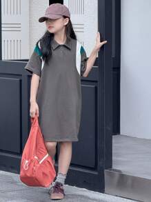 Dazy Kids 青少年女孩字母印花拼色休闲夏季背心裙，返校服 - 灰色 - 查看 5