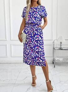 SHEIN Clasi 女士优雅圆领花卉印花束腰中长连衣裙，度假连衣裙 - 彩色 - 查看 3