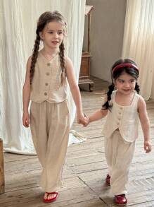 LMoss Kids LMoss 2pcs Baby Girl Set:Beige Summer Modest Cocktail Woven Solid Square Neck Top + Loose Casual Long Pants Sisters Cute Matching Outfit For Girls - White - View 8