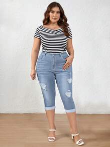 EMERY ROSE Plus Size Women Pockets & Distressed Short Skinny Casual Denim Jeans Autumn For Women Festival Capris For Women Elegant Ripped Jeans - Light Wash - View 5