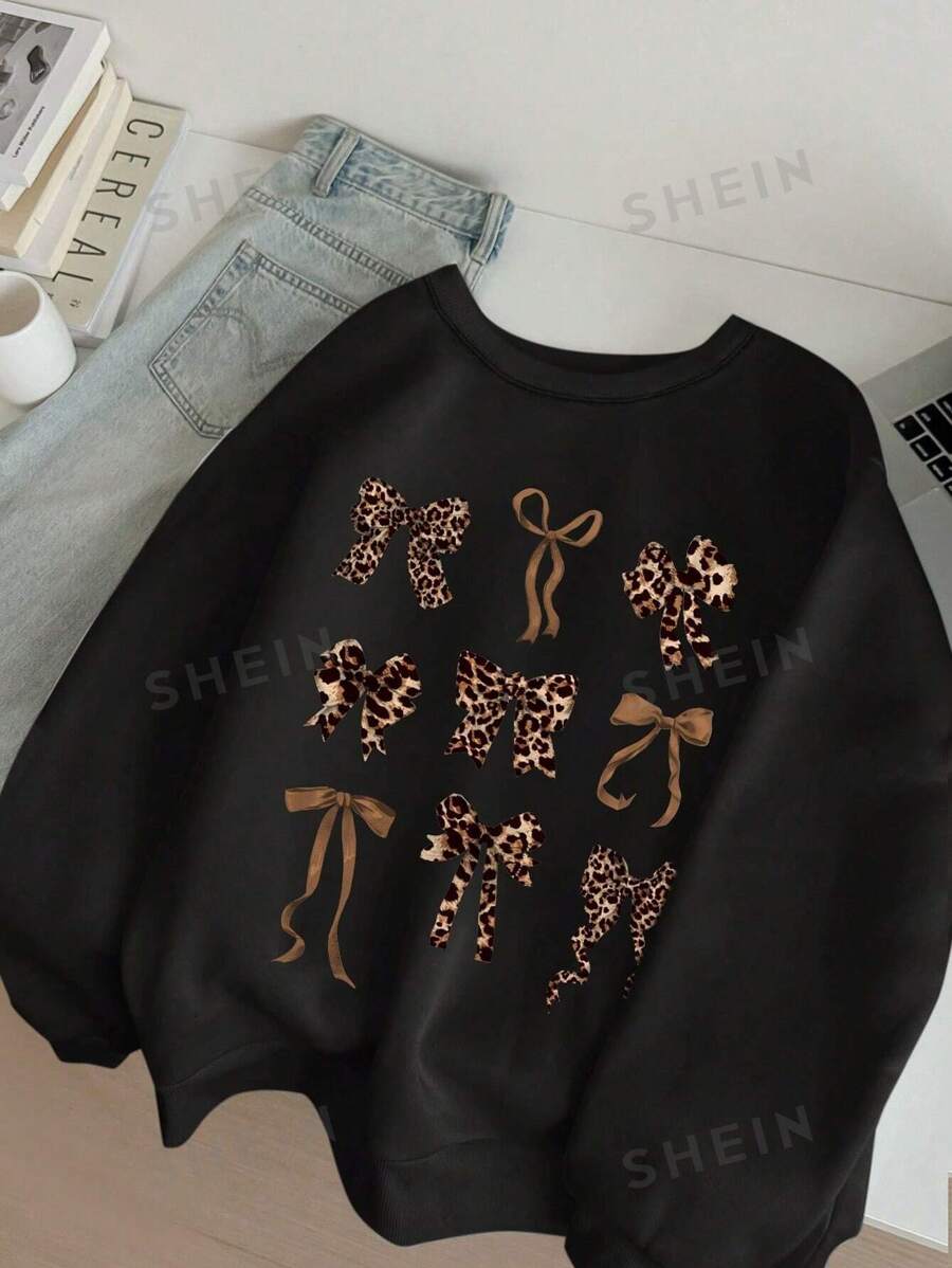 Attitoon Sudadera holgada de cuello redondo con estampado de lazo de leopardo en estilo retro americano minimalista casual, adecuada para otoño/invierno