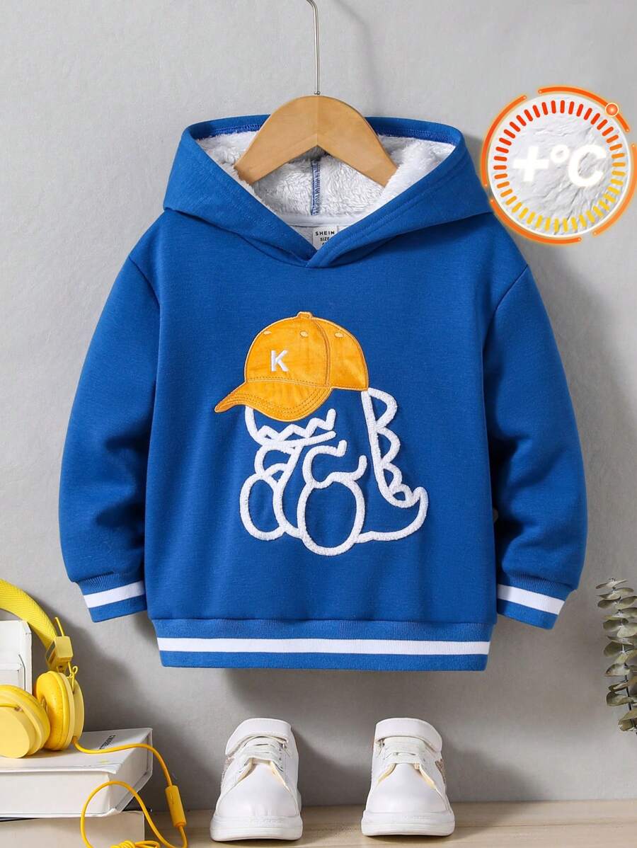 SHEIN Áo nỉ giữ ấm lót lông, kiểu dáng thường ngày, thêu hình khủng long, thích hợp cho bé trai vào mùa thu và mùa đông. - Màu xanh lam - Xem 1