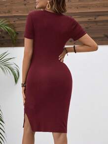 SHEIN Pregnant Women Summer Solid Color Pleated Split Bodycon Dress Maternity Dress - Burgundy - View 2