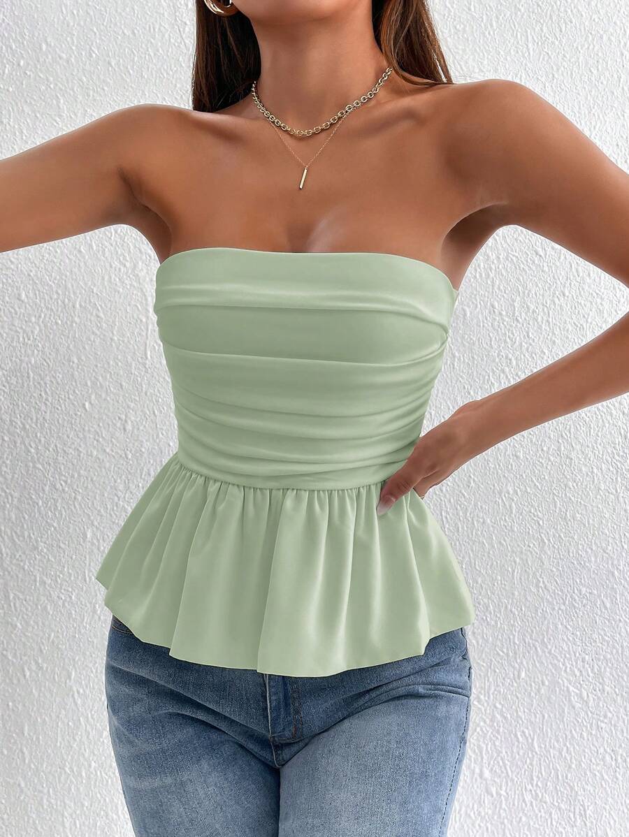 SHEIN PETITE Ruched Backless Peplum Tube Women Crop Top,Tube Top - Mint Green - View 1