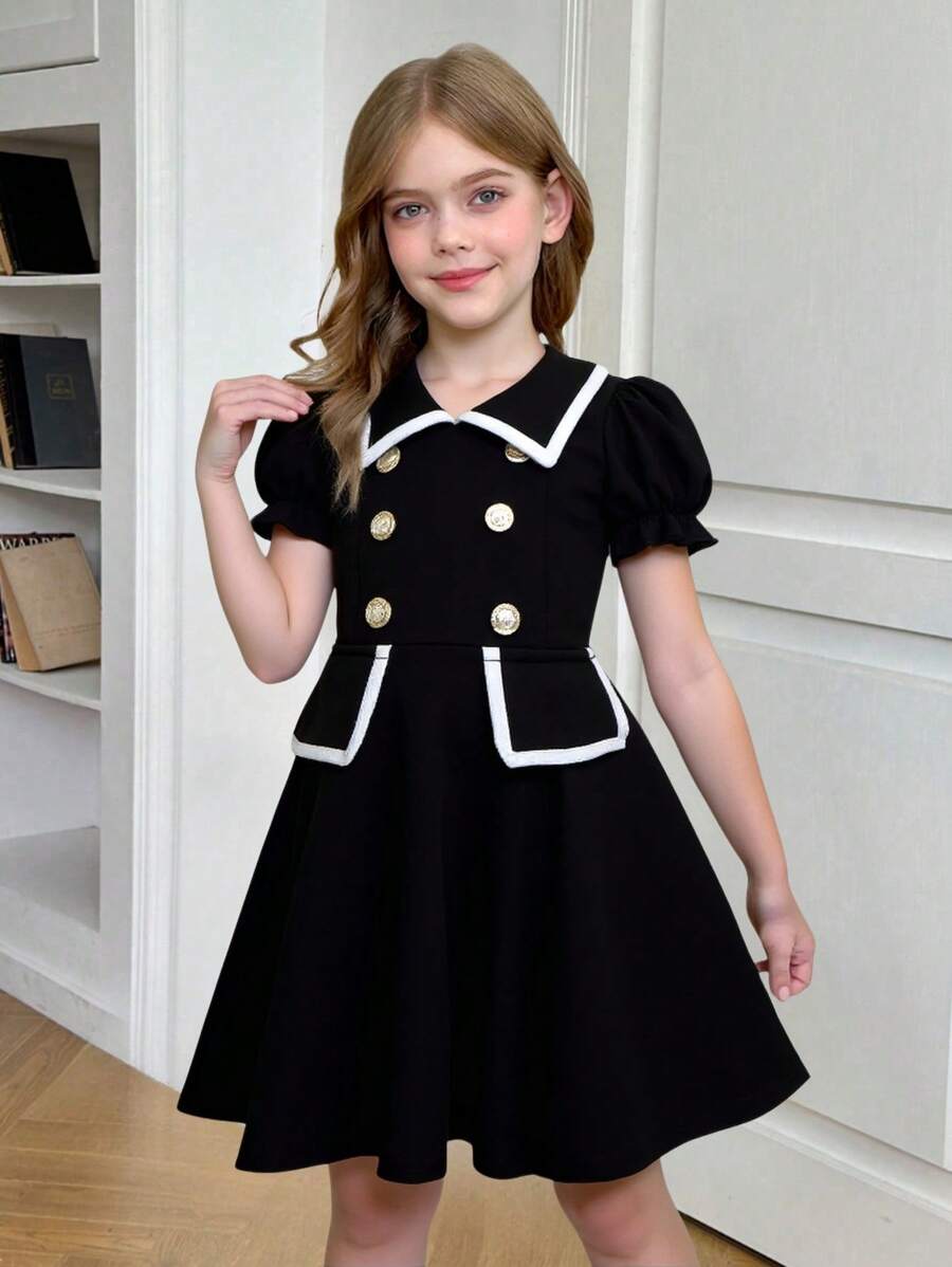 SHEIN Elladie kids Young Girls Black Knitted Collar Puff Sleeve Pearl Button Closure Dress, Elegant Office/Casual Dress For Children, Summer - Black - View 1