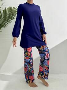 Swim Mulvari 女士海滩夏季服装：1 套纯色长袖圆领连衣裙 + 彩色印花长裤休闲假日布基尼套装