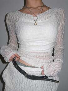 DAZY 女式白色透明蕾丝垂褶领长袖衬衫 - 白色 - 查看 6