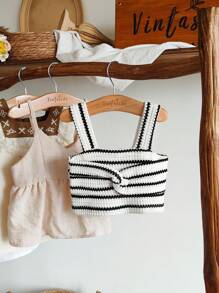 SHEIN 女婴扭纹条纹休闲吊带背心 - 黑與白 - 查看 4
