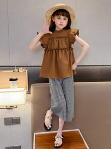 SHEIN 2pcs/Set Tween Girl Cap Sleeve Shirt & Plaid Pants Set,