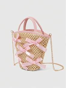 ROMWE Kawaii Cute Bow Decor Woven Handbag For Women, Pink - Multicolor - View 2