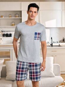Manfinity Contrast Plaid Print Pocket Decor Men's Short Sleeve Top And Shorts Pajama Set, Casual Home Wear - Multicolor - View 7