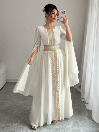 Rafferiza 女式优雅开叉袖闪亮花朵蕾丝花边系腰连衣裙