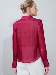 Aveloria Modichic Camisa de manga larga con botones elegante y con cuello de volantes de textura translúcida, ropa para fiestas y eventos de profesores - Burdeos - Ver 2