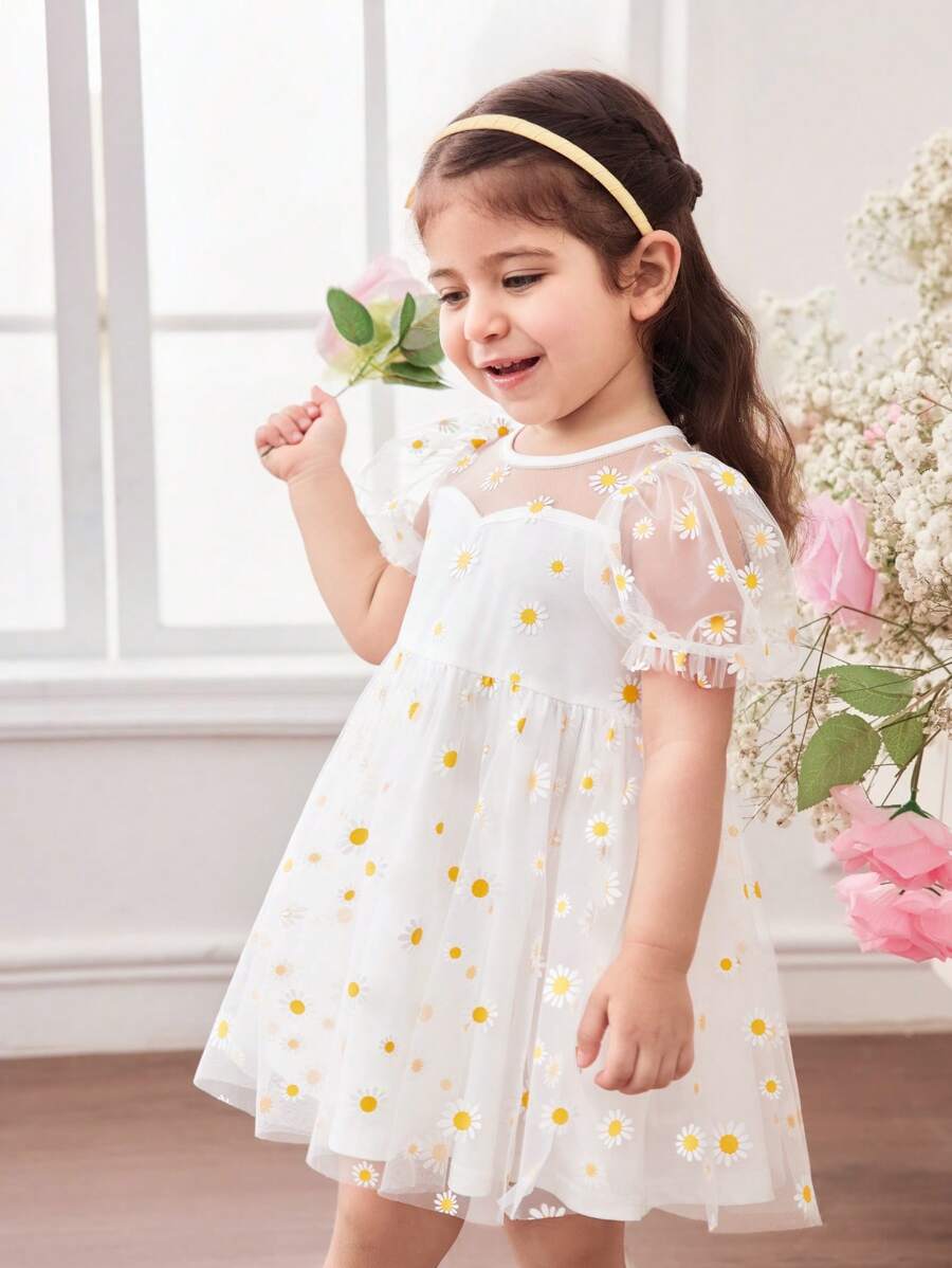 Babygirl Elegant Floral Mesh Short Sleeve Summer Dress - White - View 1