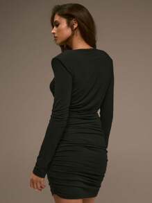 MUSERA Button Down Round Neck Ruched Side Detail Long Sleeved Mini Dress For Spring Cute - Black - View 4