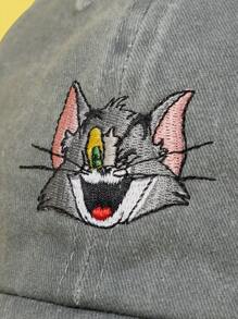 TOM & JERRY X SHEIN Cartoon Cat Embroidered Washed Gray Baseball Cap - Grey - View 2