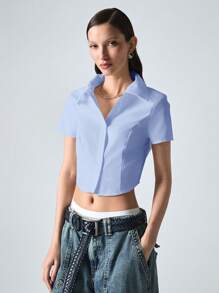 SHEIN EZwear 女式夏季梭织纽扣衬衫 - 藍色 - 查看 8