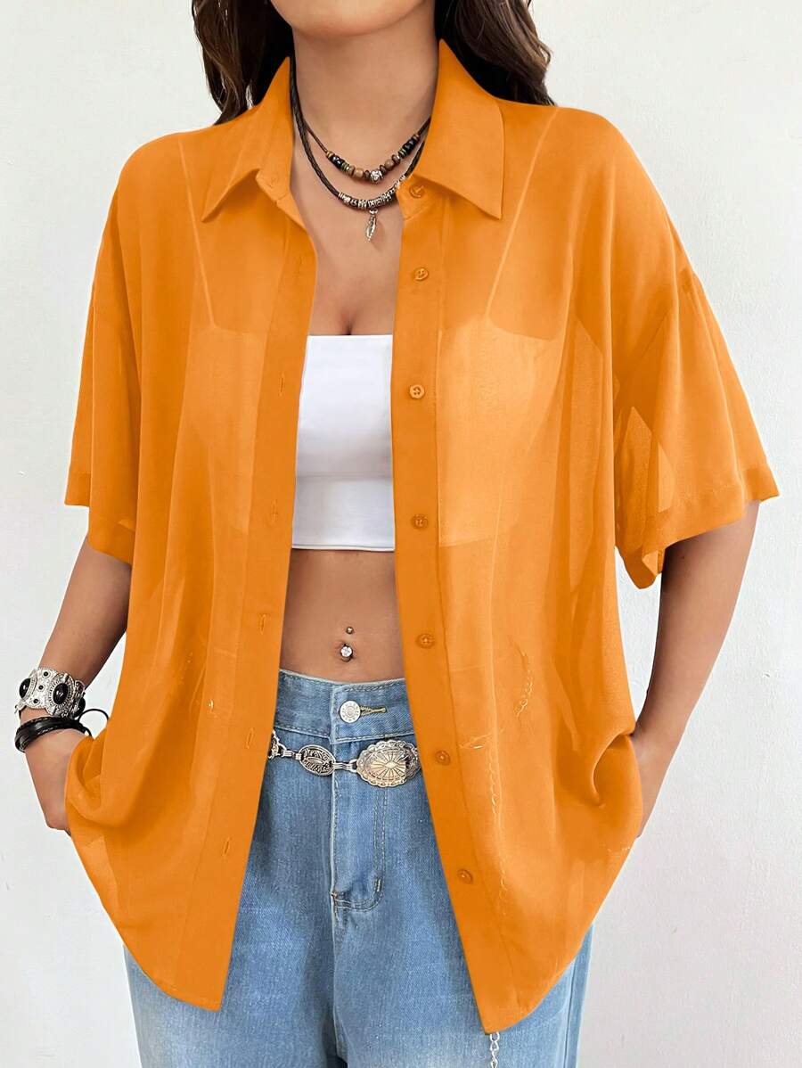 SHEIN EZwear 复古休闲橙色透视音乐节女式短袖纽扣衬衫 - 橘色 - 查看 1