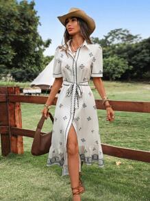 SHEIN LUNE 女士休闲几何印花 Polo 领纽扣灯笼袖荷叶边下摆 A 字形连衣裙，度假优雅装扮 - 彩色 - 查看 7