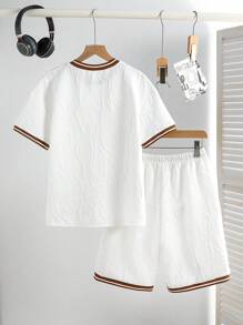 2pcs Casual Outfit For Teenage Boys: Textured Letter Fabric Patchwork Two-Tone Drawstring Suit