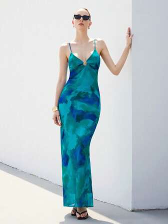 SHEIN Privé 女士优雅扎染印花细肩带长裙