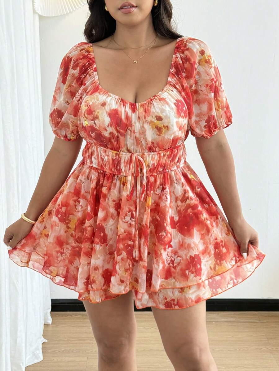 Flirla Plus Size Romantic Girly Square Collar Waist Cinched Double-Layer A-Line Jumpsuit - Multicolor - View 1
