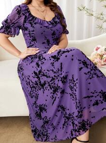 Modelyn Plus Size Elegant Mesh Jacquard Flared Hem Short Sleeve Dress, Spring/Summer - Purple - View 6