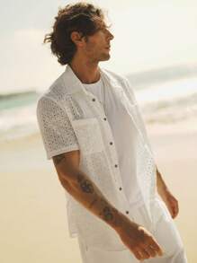 Manfinity VCAY Camisa casual de manga corta de ajuste regular con bordado hueco y unicolor para hombre - Blanco - Ver 4