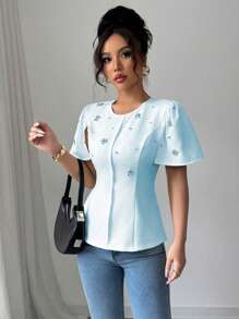 Elenzga Blusa de mujer de manga corta, ajustada, con cuello redondo, diseño de rhinestones y unicolor - Azul - Ver 3