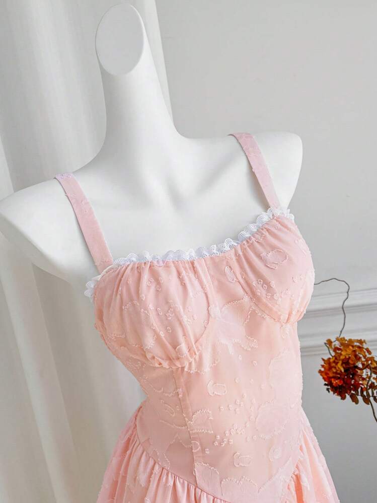 Sweetra Vestido curto feminino sem mangas com patchwork de renda doce e cordão na cintura, rosa, primavera/verão - Baby Rosa - Ver 6