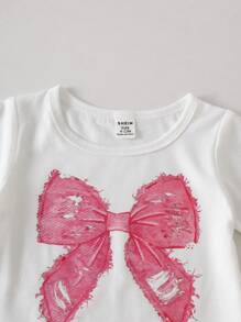 SHEIN Playful Pals 女婴夏季休闲可爱粉色蝴蝶结印花短袖上衣和牛仔裤套装，带多个丝带蝴蝶结装饰，韩版风格 - 白色 - 查看 7