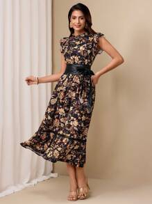 Almamuse Women's Elegant Floral Print Cinched Waist Dress - Multicolor - View 5