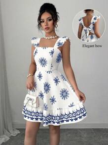 Elenzga Vestido corto casual para vacaciones y trabajo con mangas con volantes, diseño de nudo a la espalda y estampado en la cintura - Azul - Ver 5