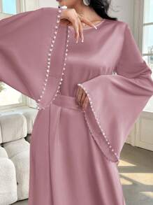 Al Najma Women's Elegant Solid Color Flare Sleeve Long Dress, Spring/Summer, Modest Elegant A Line Arabian Dresses, For Evening Party/Wedding Guest/Anniversary/Daily Wear - Dusty Pink - View 8